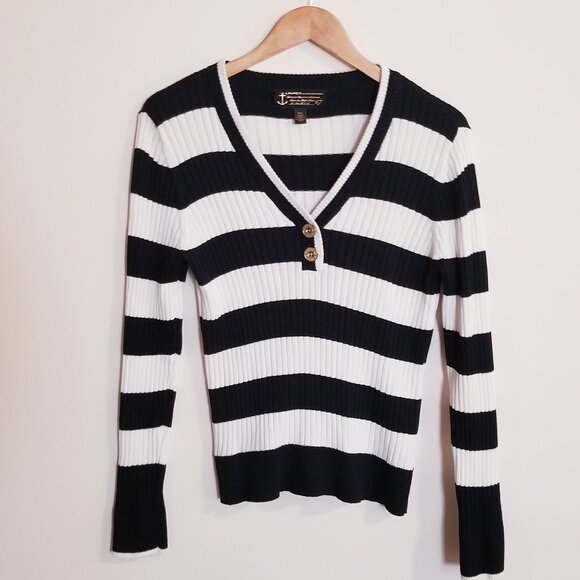 Lauren Jeans Company – Preppy Black and White Stripe Ribbed Sweater – Sz PL - Picture 1 of 7